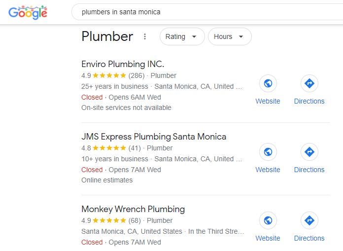 plumbers in Santa Monica Google snack pack
